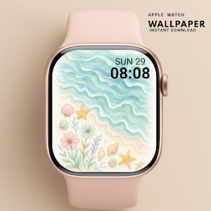 May include: A rose gold Apple Watch displaying a beach-themed wallpaper. The wallpaper shows a watercolour design of a sandy beach, ocean waves, seashells, starfish, and flowers. The time is 08:08, and the date is Sunday, the 29th.
