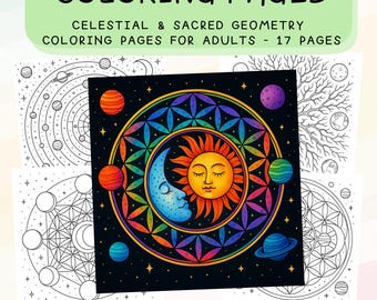 Geometría Sagrada y páginas para colorear celestiales para adultos: arte de mandalas espirituales y cósmicos para la relajación y la atención plena.