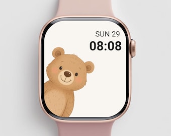 Kawaii Apple Watch Wallpaper, Cute Bear Watch Face | Minimal Brown Teddy Wallpaper | Animal Digital Art for Apple Watch