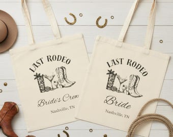 Last Rodeo Bachelorette Tote Bag, Custom Nashville Bridal Gifts, Hand Drawn Western Tote, Custom Bridal Party Bag, Personalized Girls Trip