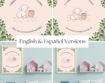 Los niños son un regalo del Señor / Salmo 127:3 Paquete de arte de pared para guardería / Versículos bíblicos imprimibles en inglés y español / Decoración cristiana para bebés