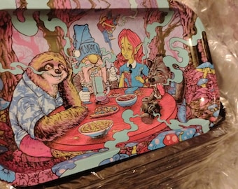 Bandejas para liar de 7 x 11 pulgadas con diseño de perezoso, hada, calaveras, bonzi y bola de discoteca rosa.