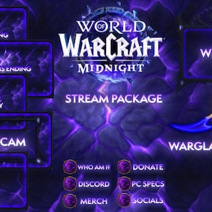 Peut inclure: Un ensemble de streaming World of Warcraft Midnight avec un thème violet foncé et bleu. Il comprend des superpositions de webcam, des écrans d'état de diffusion et un graphique Warglaive Stinger. Le texte comprend "Stream is Starting" et "Webcam".