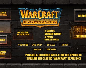 May include: A digital overlay for live streaming, featuring the Warcraft logo and themed elements. Includes panels for webcam, replay, and stream status, with text like "Stream is Starting" and "Webcam".