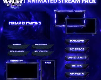 May include: A digital graphic for a World of Warcraft animated stream pack. The design features a dark blue background with glowing accents and various text boxes for stream elements, including "Stream is Starting" and buttons for "Donate," "Rules," and "Merch."