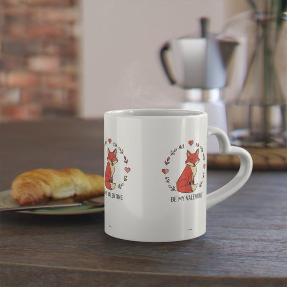 Fox Valentine Mug, Heart Handle Ceramic Coffee Cup