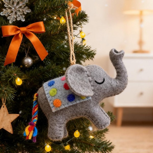Handmade Wool Felt Elephant Ornament – Baby's First Christmas Gift
