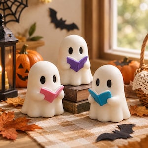May include: Three white ghost figurines with black oval eyes, each holding a small open book. One ghost holds a pink book, one a purple book, and one a blue book. The ghosts are arranged on a stack of two brown books on a plaid fabric surface.