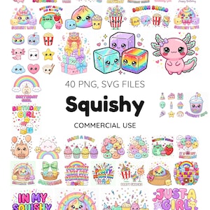 Può includere: Una collezione di 40 file grafici digitali con illustrazioni colorate e carine in stile kawaii di giocattoli squishy, torte di compleanno, arcobaleni e animali con testo che include Squishy, Birthday Girl e Party Mode On per uso commerciale.
