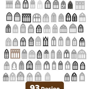Könnte beinhalten: Eine Sammlung von 93 gotischen Fensterdesigns in Schwarz und Weiß. Die Designs variieren in Form und Detail, mit gewölbten Oberteilen und aufwendigen Mustern. Der Text "93 Design" und die Dateitypen AI, JPG, PNG und SVG sind enthalten.