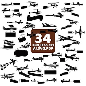 May include: A collection of 34 black airplane silhouettes, including biplanes, helicopters, and single-engine aircraft. Some planes are towing banners or carrying signs. The image includes the text "34 PNG, JPEG, EPS, AI, SVG, PDF" in a brown square.