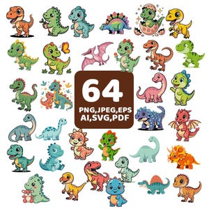 Könnte beinhalten: Eine Sammlung von 64 farbenfrohen Cartoon-Dinosaurier-Illustrationen in verschiedenen Posen und Stilen. Die Dinosaurier sind in Grün-, Blau-, Orange- und Rosatönen gehalten. Das Bild enthält den Text "64 PNG, JPEG, EPS, AI, SVG, PDF".