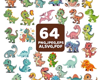 May include: A collection of 64 colorful cartoon dinosaur illustrations in various poses and styles. The dinosaurs are in shades of green, blue, orange, and pink. The image includes the text "64 PNG, JPEG, EPS, AI, SVG, PDF".