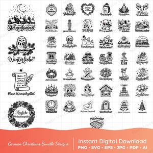 May include: A collection of black and white digital illustrations featuring German Christmas themes, including an owl, a wish list, wreaths, snowmen, winter landscapes, and various holiday-related text phrases in German script.