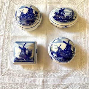 Set of 4 Delft Blue Windmill Trinket Boxes – Hand Painted Holland Porcelain by Eldreth