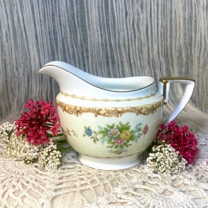 Vintage Noritake Japan Creamer | 1920-1940 Porcelain Pitcher with Floral Band & Gold Trim | M Mark