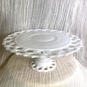 1960s Vintage Milk Glass Lace Edge Cake Stand • Mid-Century Pedestal Dessert Stand
