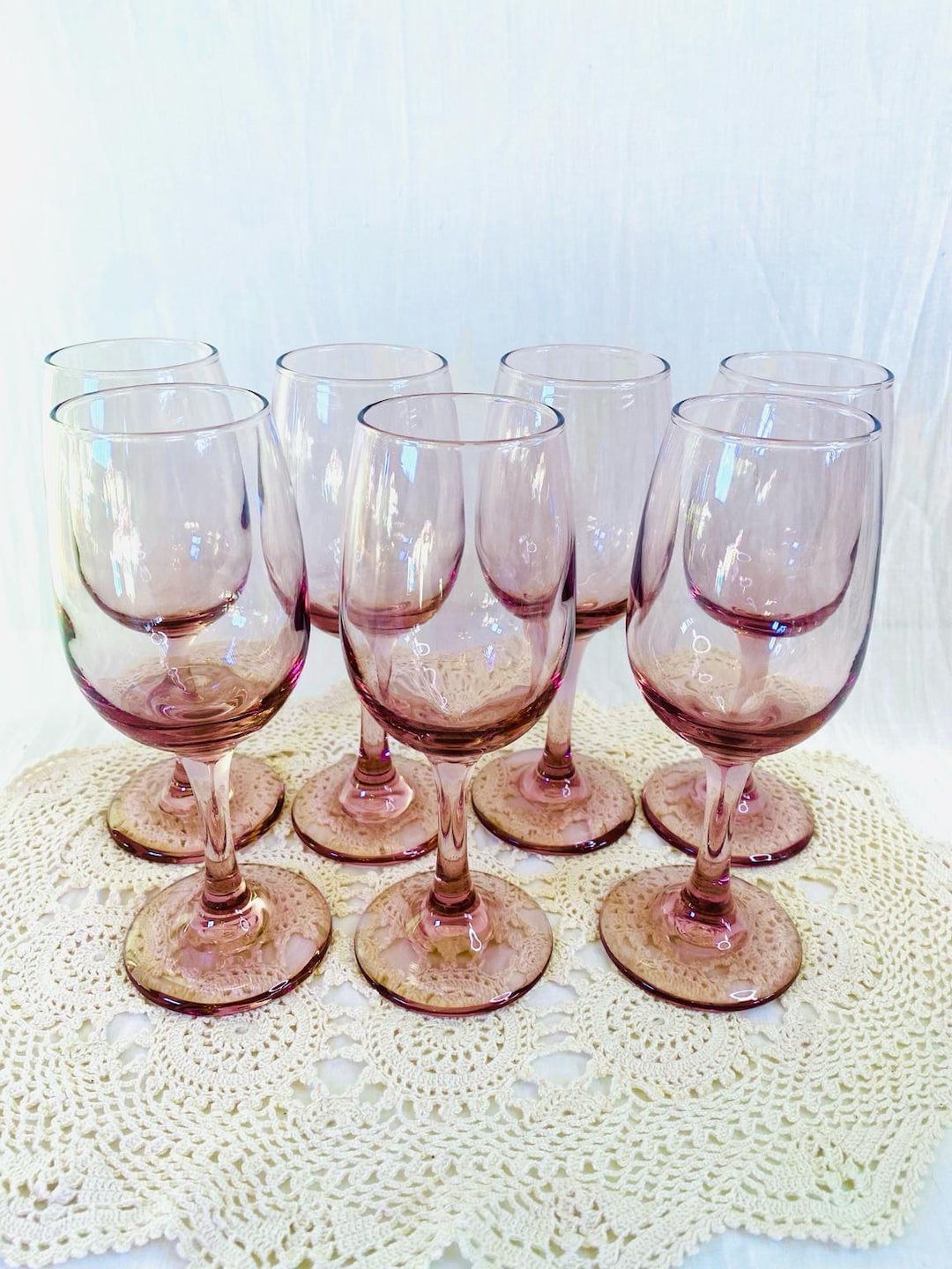 Set of 7 Vintage Blush Pink Wine Glasses – French-style Stemware, 7