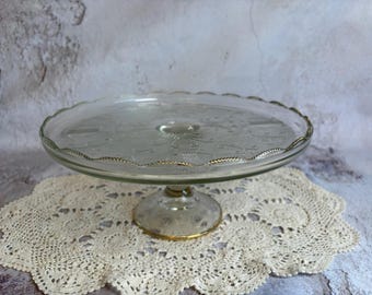 Vintage Jeannette Glass Harp Pattern Cake Stand with Gold Trim, Pedestal Dessert Server, 1950s