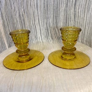 Vintage Amber Glass Candlestick Holders – Ribbed Base Pressed Glass Pair, 1960s Mid-Century Modern MCM