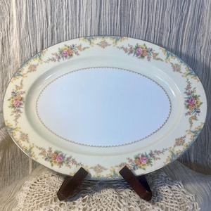 Vintage Noritake Japan 14” Oval Serving Platter – Floral Pastel & Gold Trim – 1940s Mid-Century China