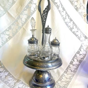 Antique Silverplate Revolving Cruet Set: Victorian Floral Castor with 5 Bottles