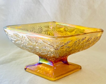 Vintage Diamond Carnival Glass Compote ‑ Marigold Floral Pedestal Candy Dish