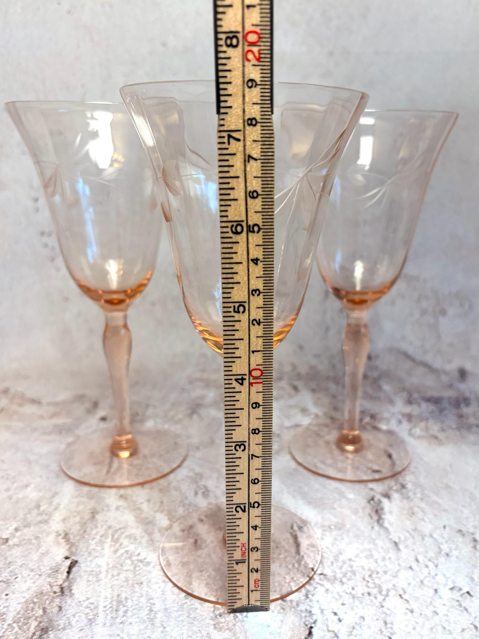 Vintage Pink Etched Stemware Wine Glasses Blush Depression Glass Floral ...