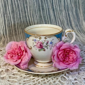 Vintage Myott Staffordshire Demitasse Teacup & Saucer - English Roses, Blue and Gold Trim