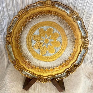 Vintage Lastrucci Florentine Tray – 11&quot; Gold & Silver Gilded Italian Wood – Handcrafted in Florence
