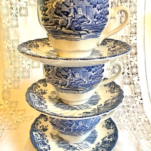 Johnson Brothers “Coaching Scenes” Blue Cup & Saucer Sets (3) – Ironstone, Made in England