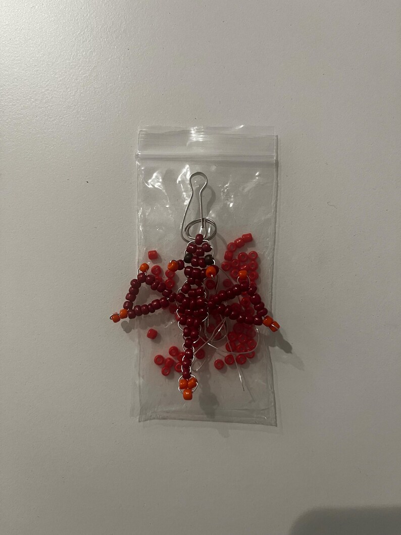 Pu&ograve; includere: Un ornamento a forma di libellula di perline in un sacchetto di plastica trasparente. La libellula &egrave; fatta di piccole perline rosso scuro con accenti arancioni sulle ali e sulla testa. Una clip in metallo color argento &egrave; attaccata alla parte superiore dell'ornamento.