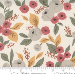 May include: Floral fabric with a cream background, featuring a repeating pattern of gray and dusty rose flowers, along with green and yellow-orange leaves. The fabric has a ruler along the bottom with the word "moda" printed on it.