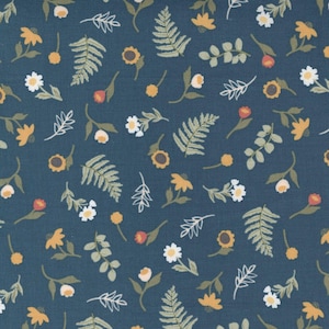May include: A dark teal fabric with a repeating floral pattern. The design includes yellow sunflowers, white daisies, red buds, and green fern leaves. The flowers and leaves are scattered across the fabric.