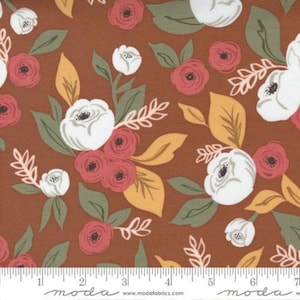 May include: Fabric with a floral pattern featuring white, red, and yellow flowers with green leaves on a brown background. The fabric has a repeating pattern of flowers and leaves. The word "moda" is printed on the bottom of the fabric.