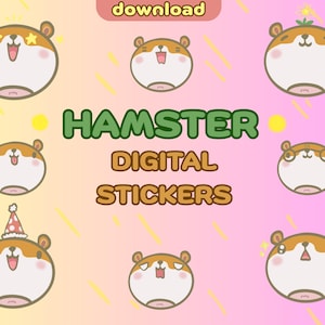 Könnte beinhalten: Eine Sammlung digitaler Hamster-Aufkleber mit verschiedenen Ausdrücken, vor einem rosa-gelben Farbverlauf. Das Wort "Hamster" ist grün und "Digital Stickers" ist braun. Einige Hamster haben Sterne, Partyhüte oder Brillen.