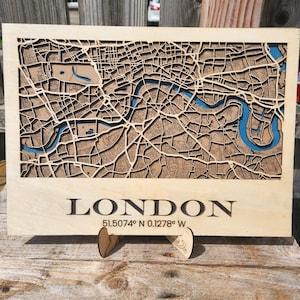 Wooden 3D Street Map of London with wooden Stand