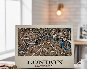 Wooden 3D Street Map of London with wooden Stand