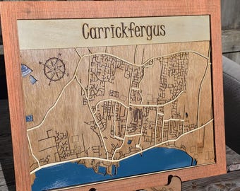 Wooden 3D Street Map of Carrickfergus can be personalised