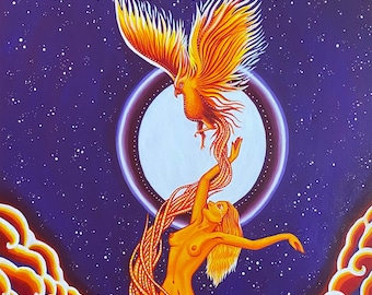 Phoenix Rising - Surreal Cosmic Woman & Phoenix Art Print | Divine Feminine | Celestial Fire Goddess Wall Art | Visionary Psychedelic Decor