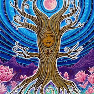 Presence – Divine Feminine Tree Spirit Art Print | Sacred Nature Wall Art | Cosmic Tree of Life Painting by Lucy Campbell