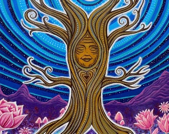 Presence – Divine Feminine Tree Spirit Art Print | Sacred Nature Wall Art | Cosmic Tree of Life Painting by Lucy Campbell