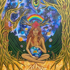 Mama Earth – Sacred Feminine Gaia Art Print | Cosmic Mother Nature Wall Decor | Spiritual Goddess Artwork by Lucy Campbell