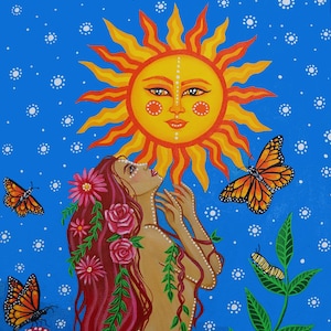 Sun Goddess – Divine Feminine Sunshine Art Print | Radiant Woman with Butterflies | Lucy Campbell Visionary Nature Artwork