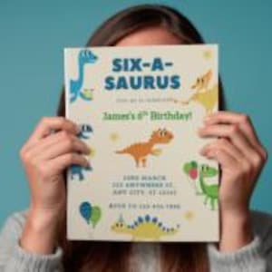 Six-a-saurus Kids Birthday Party Invitation, boys or girls, dinosaur themed