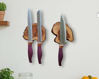 Handgemaakte magnetische messenhouder van olijfhout, met natuurlijke rand, rustieke keukendecoratie (12,7-18,8 cm)