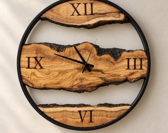 Wanduhr aus Olivenholz mit schwarzem Metallrahmen, handgefertigte rustikale Wanddekoration mit Baumkante, einzigartiges Einzugsgeschenk