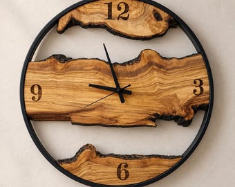 Wanduhr aus Olivenholz mit schwarzem Metallrahmen, handgefertigte rustikale Wanddekoration mit Baumkante, einzigartiges Einzugsgeschenk