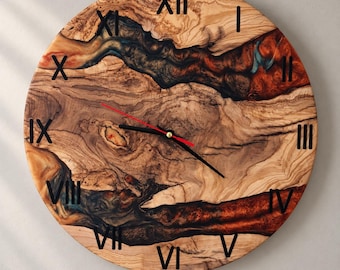 Handgefertigte Wanduhr aus Olivenholz & Epoxidharz - Individuelle Nummerierung