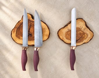 Handgefertigter magnetischer Messerhalter aus Olivenholz, rustikale Küchendekoration mit Baumkante (5''-7'')